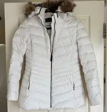 Marc New York White Puffer Jacket with Faux Fur Hood, Small
