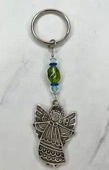 Silver Tone Blue Green Beaded Guardian Angel Keychain Keyring