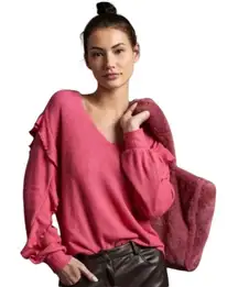 PILCRO PINK THERMAL WAFFLE KNIT DEEP VNECK LONG SLEEVE PULLOVER LONG SLEEVE TOP