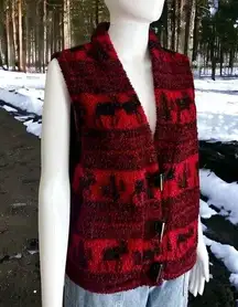 Vintage Woolrich Red + Black Winter Print Fleece Vest Toggle Closure