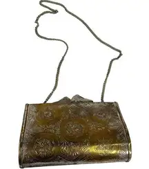 Vintage Peacock Flower Engraved Brass Pillow Purse Chain Strap 7" x 4.5"