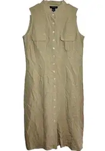 Boston Proper Midi Dress Linen Silk Utility Button Up Chest Pockets Tan 16 NWT