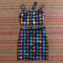 NWT BLANC MULTICOLORED DIAMOND CHECKERED SKIRT & CAMI MATCHING SET