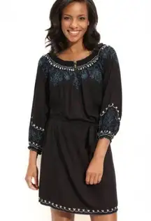 Lucky Brand  Women’s Boho Belted Black Mini dress with blue Embroidery size small