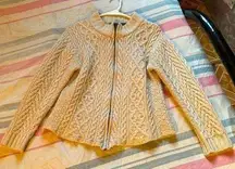 Inis Crafts 100% Merino Wool Cable Knit Fisherman Full Zip Cream Sweater Size M