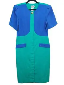 Leslie Fay Dress Womens Plus Size 14P Green Blue Colorblock Vintage Sheath *Flaw