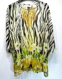 Sheer Blousy Animal Zebra Print and Flowers Elastic Dropped Waist Tunic Chico’s