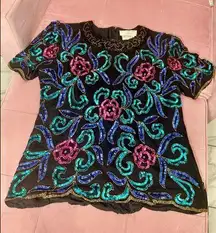 Papell Boutique Evening Beaded Silk Floral Blouse Vintage 80s Size Large