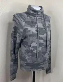 Camo Pullover Drawstring Sweatshirt Sz XS Front Pocket Gray Thumbholes