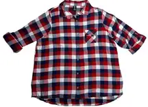 NFL New England Patriots Women's Hi-Lo Flannel Long Sleeve Shirt Red Blue 3XL