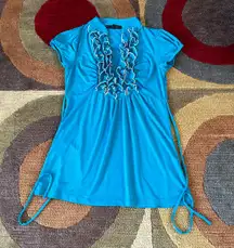 y2k 90’s Style Retro Blue Tunic Babydoll Ruffle Tie Top Women’s Small