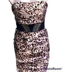 Bebe Women’s White and Black Animal Print Strapless Belted Party Dress Small