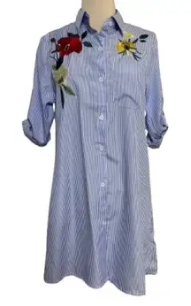 Floral Embroidered Blue Striped Mini Dress