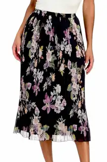 Christopher & Banks A-line Pleated Midi Skirt Gray Pink Floral Women’s Size XL