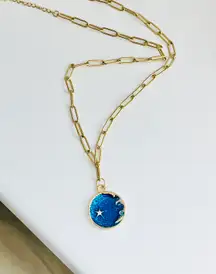 18K Paper Clip Celestial Planet Orb Moon & Stars Water,Sweat And Tarnish Resistant Necklace