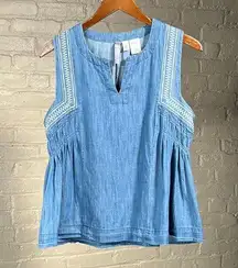 Alya Cotton Chambray Sleeveless Embroidered Blouse