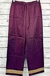 J. Jill Maroon Red Silk High Waist Ribbon Paisley Trim‎ Boho Pants [Size Medium]
