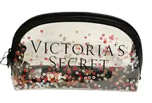 Victorias Secret Sequin Clear Transparent Black‎ Trim Makeup Travel Bag NEW