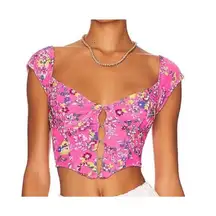 AFRM Myla Corset Womens Large Pink Floral Short Sleeve Open Front Crop Top