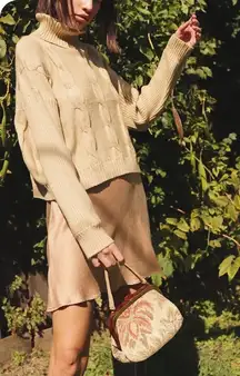 EMORY PARK Cable Knit Turtleneck Sweater Beige Cropped Relaxed Fit XS