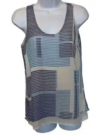 Calvin Klein Jeans EUC Blue Cream Striped Abstract Semi Sheer Sleeveless Tank Sz