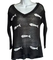 EUC - Wildfox Dinner V-Neck Sweater Sequin Fish in Gray - Size  XS