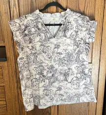 Entro Navy Cream French Toile Print Puff Short Sleeve Blouse Top Cotton women XL