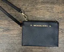Michael Kors Black Saffiano Leather Zip Card Case Wallet Lanyard‎