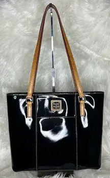 Black Patent Leather With Tan Leather Shoulder Tote