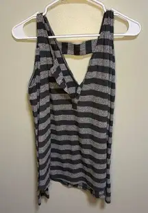 Doe & Rae Grey Stripe V Neck Cold Shoulder Long Sleeve Henley Button Down Large