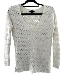 Ann Taylor White Open Knit Crochet V-Neck Long Sleeve Sweater Size Small
