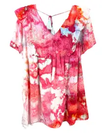Umgee‎ Small Dress Handmade Tie Dye Ruffle Short Sleeve Mini Pink White 1322
