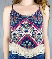 Patterned Lace Trim Tank Top