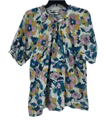 Sonoma Womens Boho Top White Blue Abstract Floral Puff Sleeves Ruffle Size XL