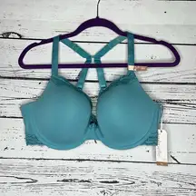 Ambrielle NWT Sz 42C Turquoise Blue Lace Trim Organic Cotton Underwire Demi Bra