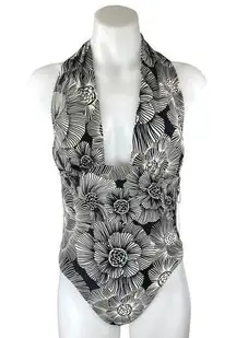 NEW Express Body Contour Black White Floral Plunge Halter One Piece Swimwear M