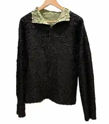 Reversibe Crinkle Popcorn Button Front Jacket Top Womens X-Large Black Green