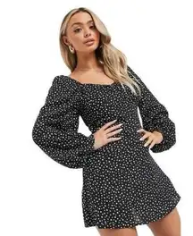 0959 Missguided Black Polka Dot Balloon Sleeve Shirred Dress Size 6