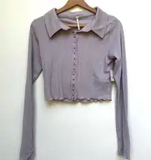 NWT Free People Cropped Pointelle Long sleeve Knit Lavender Button Up Top M