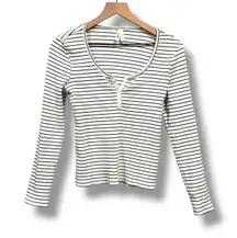 Pact Organic Henley Shirt Women's Small White Black Striped Ribbed Long Sleeve