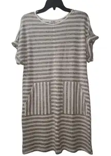 Belinda Striped T-Shirt Dress Casual Short Sleeve Pockets Gray‎ White S