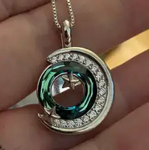 Moon & Star Blue Green Austrian Crystal Cz Sterling Necklace 