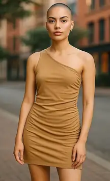 BP. Women's One Shoulder Ruched Ribbed Bodycon Dress - Beige,‎ Small