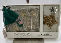 Rachel Zoe 2 Piece Coin Purse & Charm Set Beaded Star Champagne Bottle Green