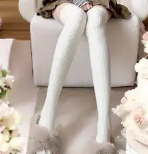 Beige Cozy Ribbed Thigh High Socks - Soft, Warm, and Comfy Over The Knee Stockin