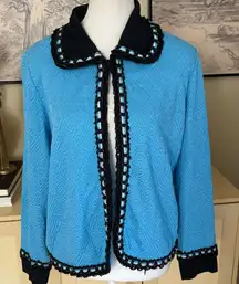 MING WANG teal and black woven pattern knit jacket cardigan Size‎ Large