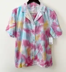 BP Pink/Blue Tie Dye Short Sleeve Button Down Collared Top Size Small NEW