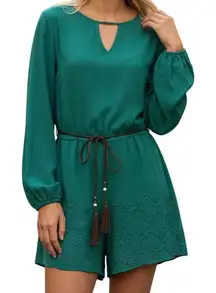 SHE + SKY Bright Jade Green Silk Lazer Cut Belted Romper NWOT Size  Large‎