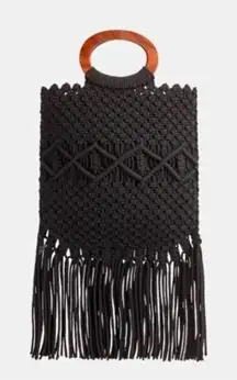 Danielle Nicole‎ Macrame Fringe Tassel Wooden Handle Crossbody Bag in Black