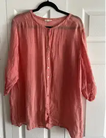 Eileen Fisher Womens 1X Coral Striped Linen Top Button Front